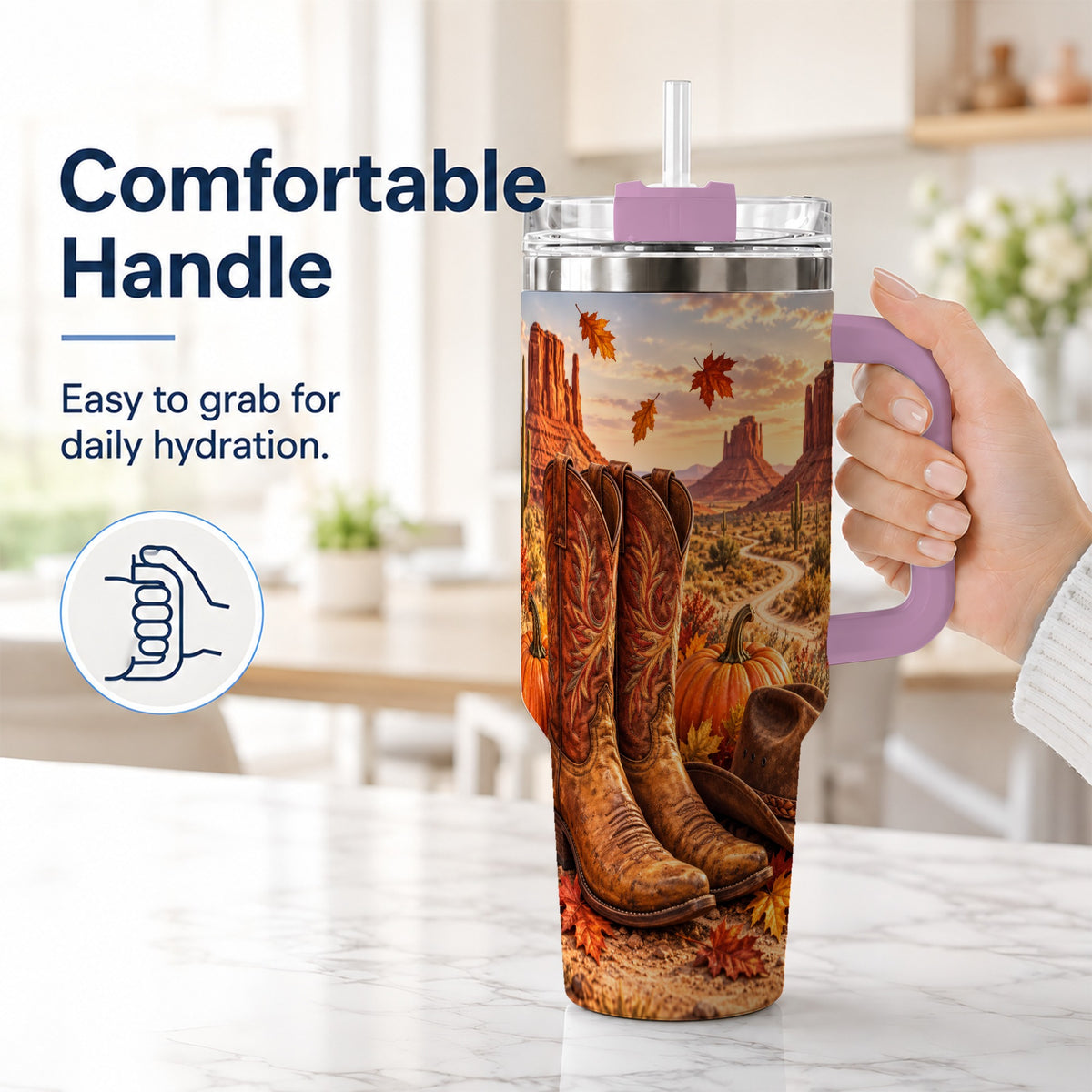 #pl[40oz|Pink] Western Fall 40oz Tumbler with Handle, Cowboy Boots Autumn Drinkware