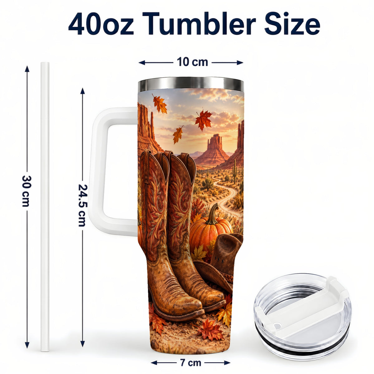 #pl[40oz|White] Western Fall 40oz Tumbler with Handle, Cowboy Boots Autumn Drinkware