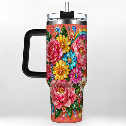 #pl[40oz|Black] Gemstone Floral 40oz Tumbler with Handle, Pink Peony Garden Art