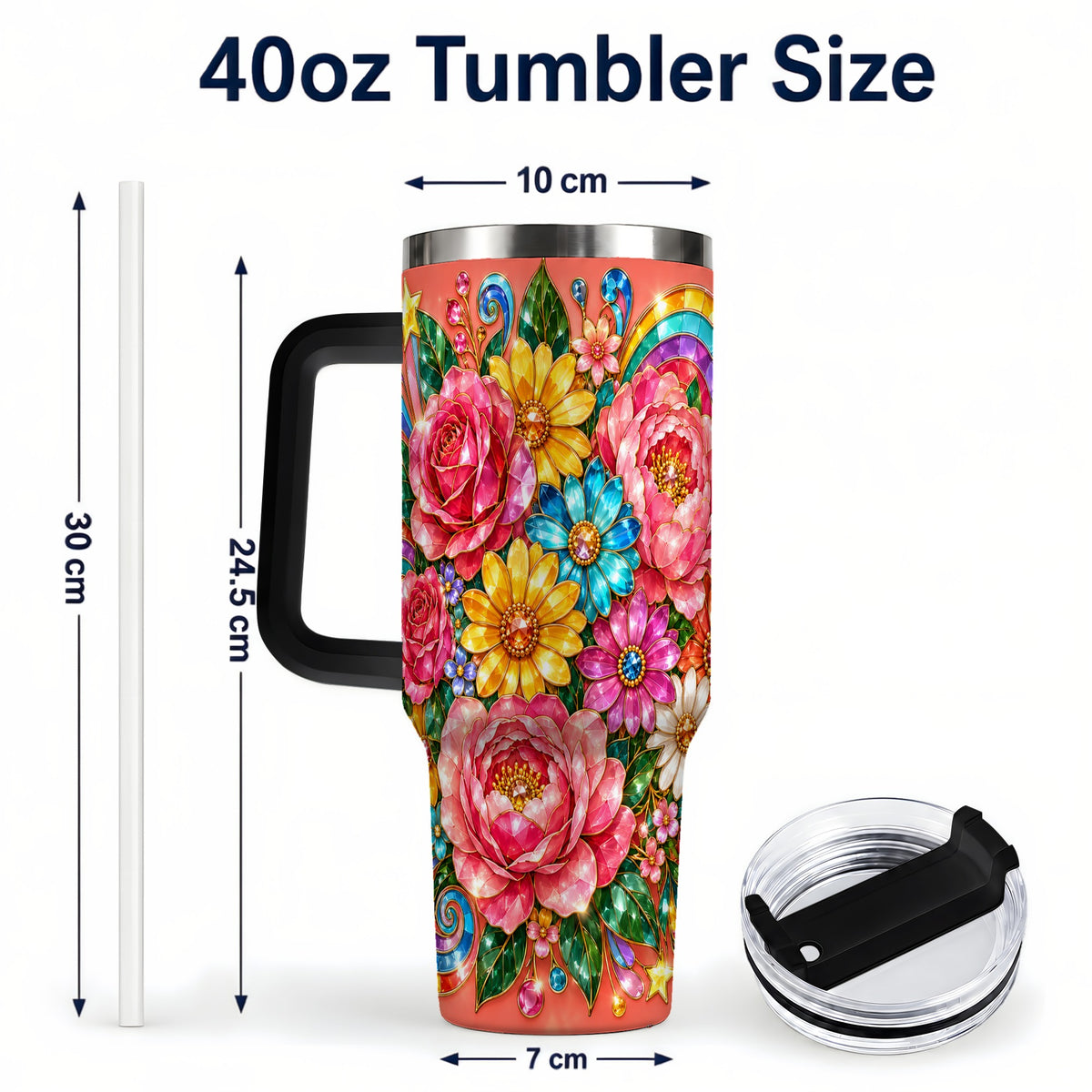 #pl[40oz|Black] Gemstone Floral 40oz Tumbler with Handle, Pink Peony Garden Art