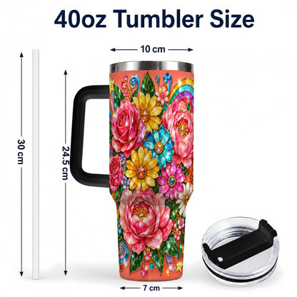 #pl[40oz|Black] Gemstone Floral 40oz Tumbler with Handle, Pink Peony Garden Art