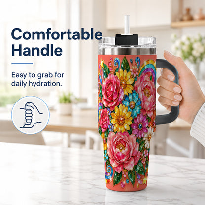 #pl[40oz|Black] Gemstone Floral 40oz Tumbler with Handle, Pink Peony Garden Art