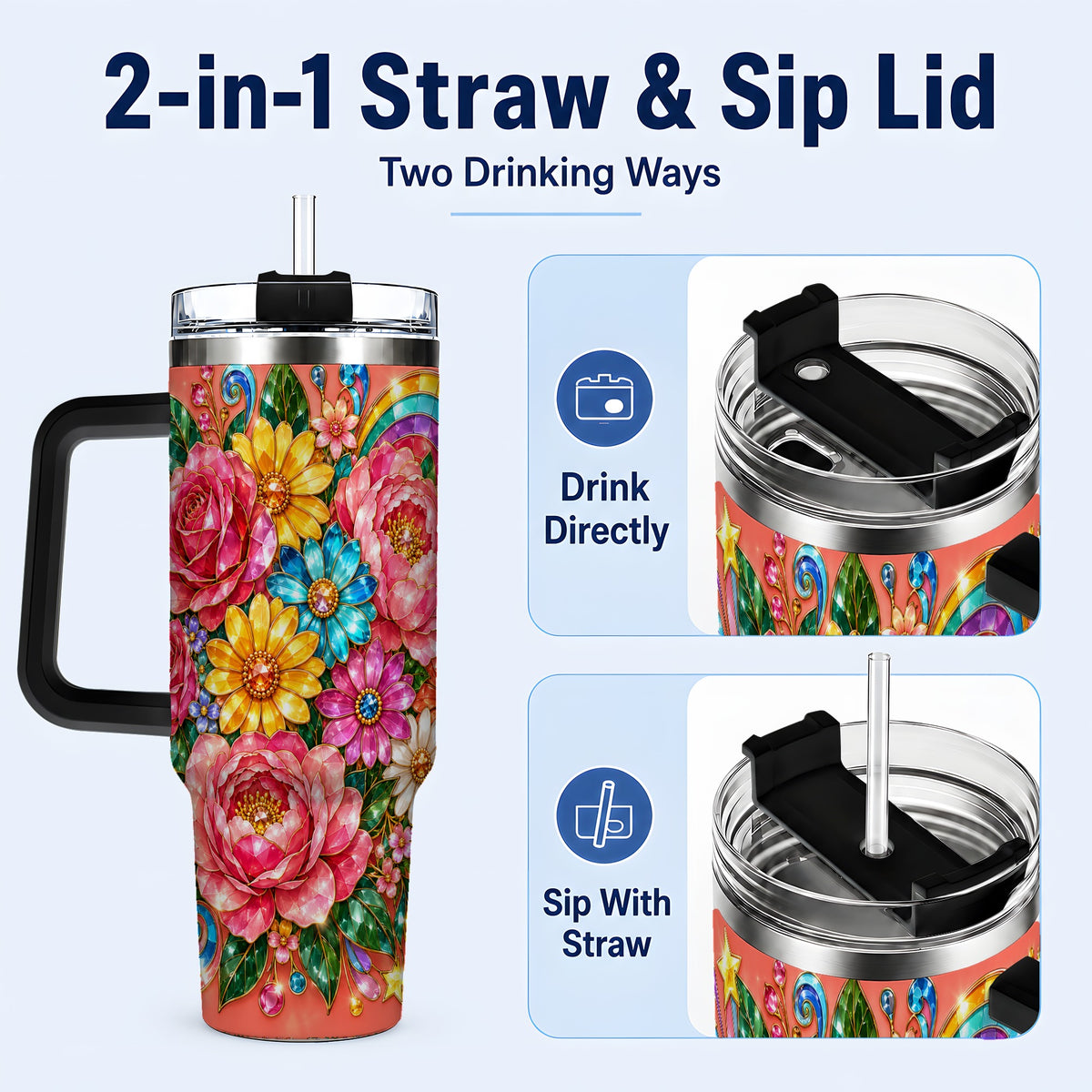#pl[40oz|Black] Gemstone Floral 40oz Tumbler with Handle, Pink Peony Garden Art