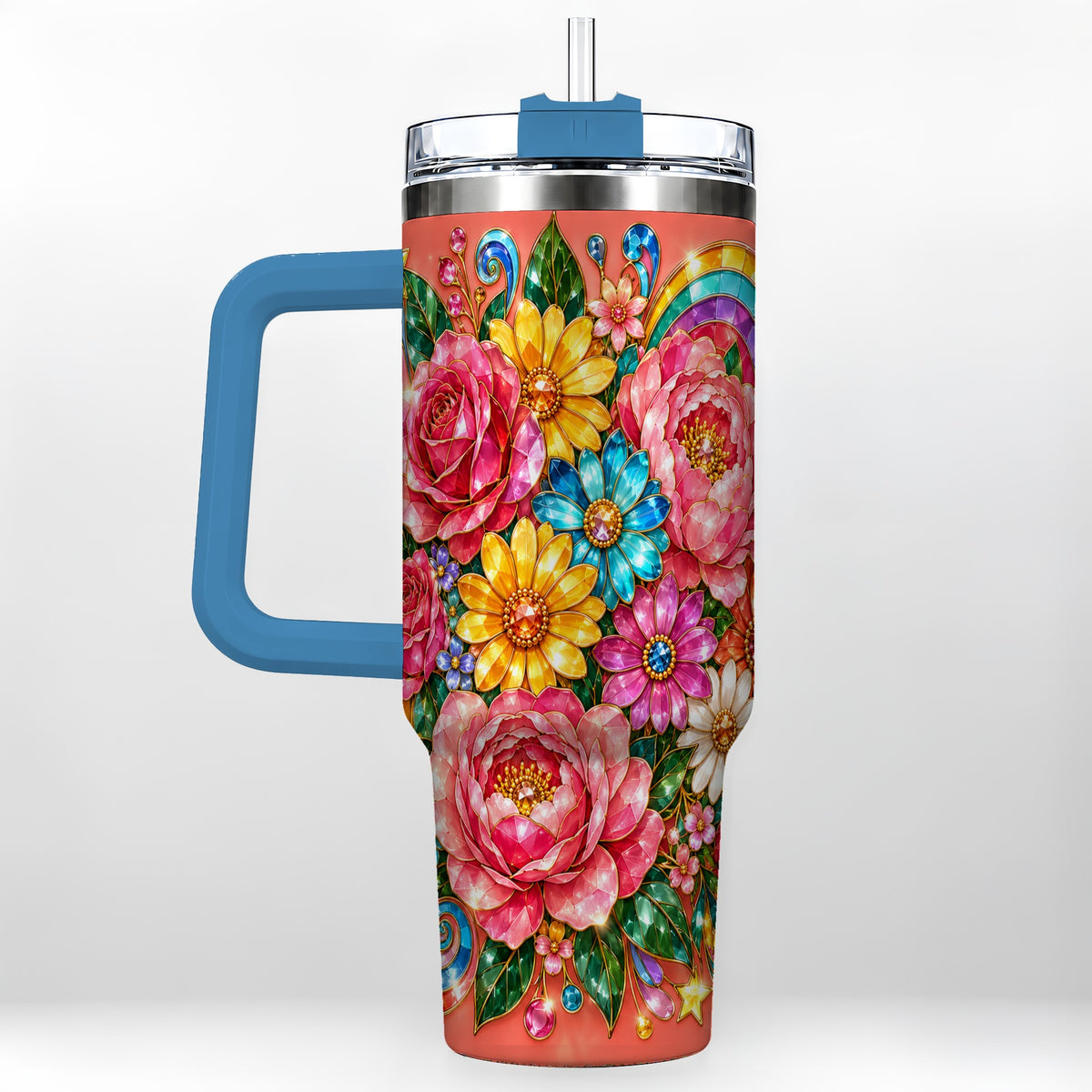 #pl[40oz|Blue] Gemstone Floral 40oz Tumbler with Handle, Pink Peony Garden Art