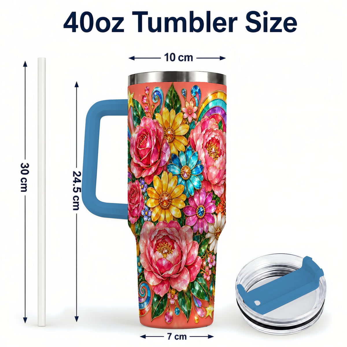 #pl[40oz|Blue] Gemstone Floral 40oz Tumbler with Handle, Pink Peony Garden Art