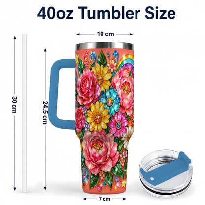 #pl[40oz|Blue] Gemstone Floral 40oz Tumbler with Handle, Pink Peony Garden Art