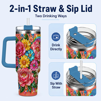 #pl[40oz|Blue] Gemstone Floral 40oz Tumbler with Handle, Pink Peony Garden Art