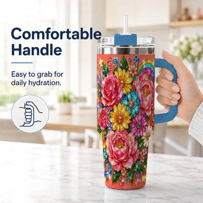 #pl[40oz|Blue] Gemstone Floral 40oz Tumbler with Handle, Pink Peony Garden Art