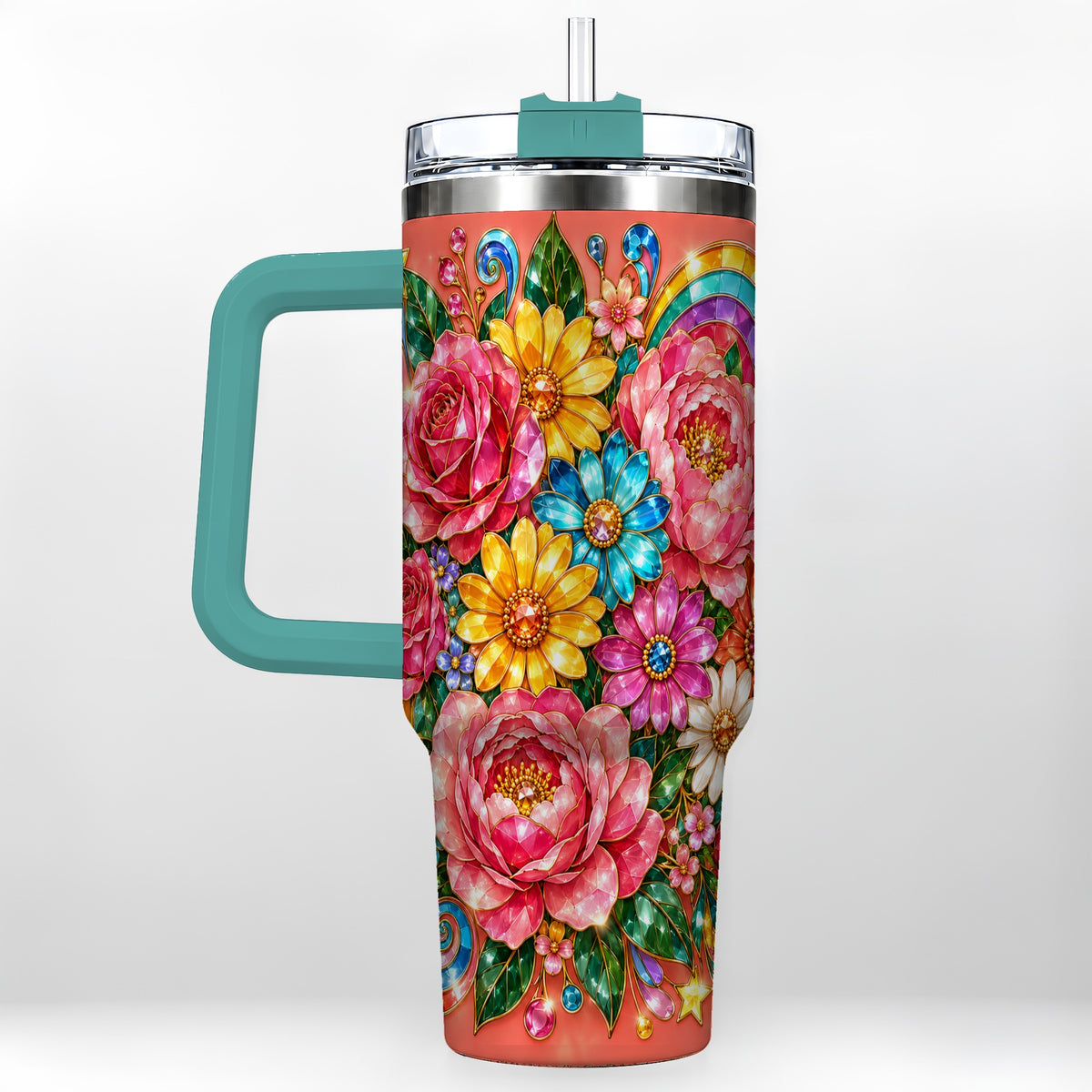 #pl[40oz|Green] Gemstone Floral 40oz Tumbler with Handle, Pink Peony Garden Art