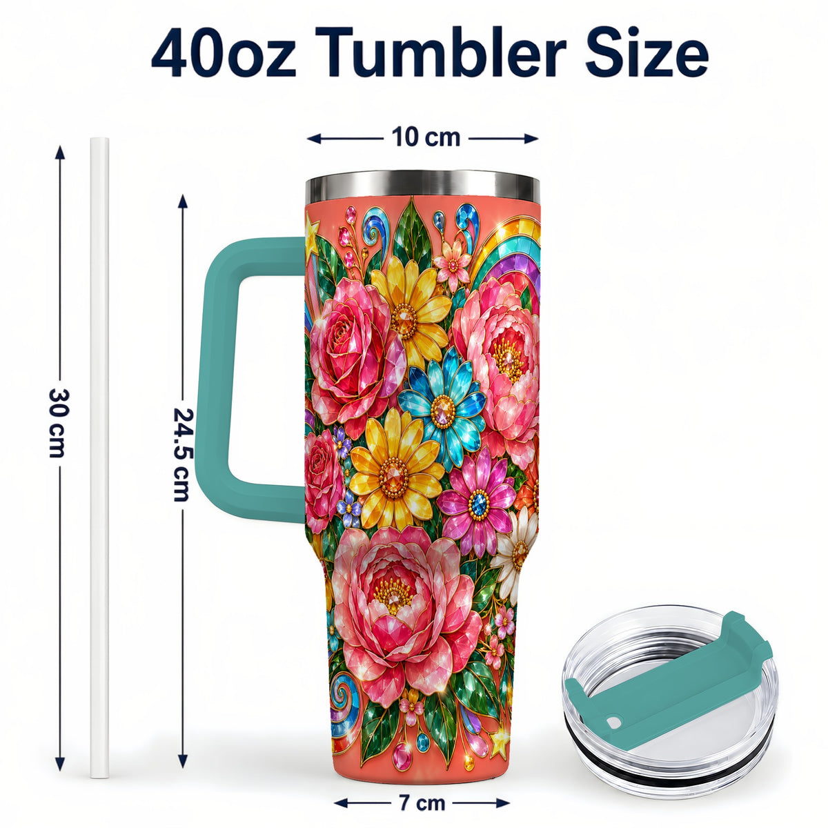 #pl[40oz|Green] Gemstone Floral 40oz Tumbler with Handle, Pink Peony Garden Art