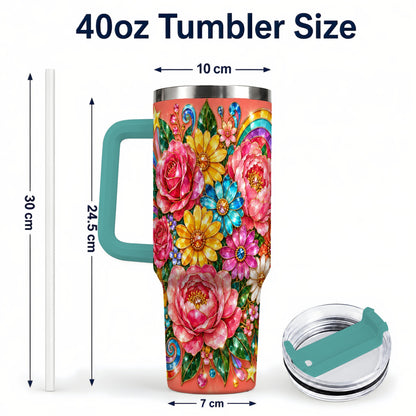#pl[40oz|Green] Gemstone Floral 40oz Tumbler with Handle, Pink Peony Garden Art