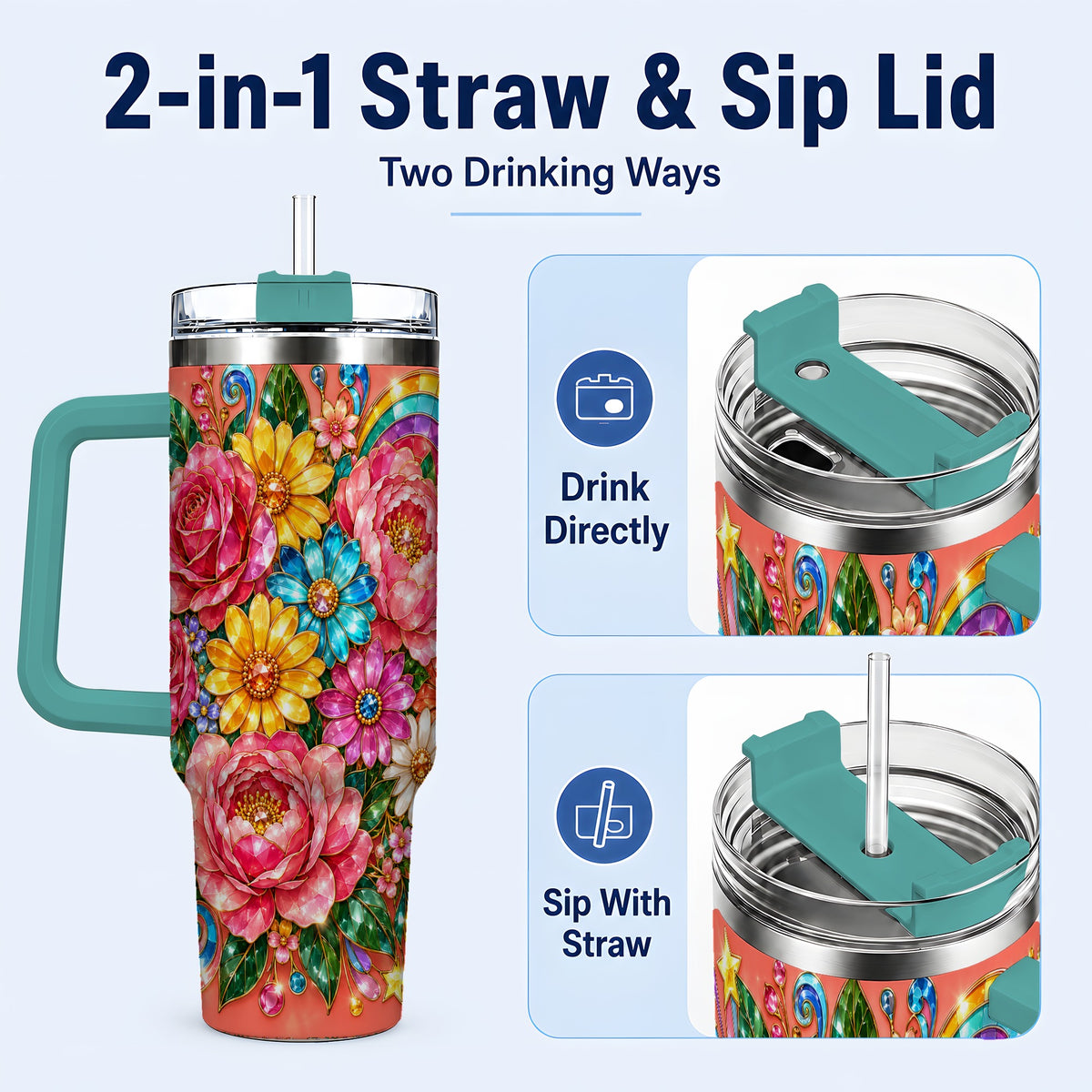#pl[40oz|Green] Gemstone Floral 40oz Tumbler with Handle, Pink Peony Garden Art