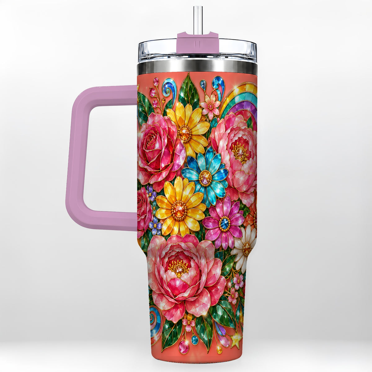 #pl[40oz|Pink] Gemstone Floral 40oz Tumbler with Handle, Pink Peony Garden Art