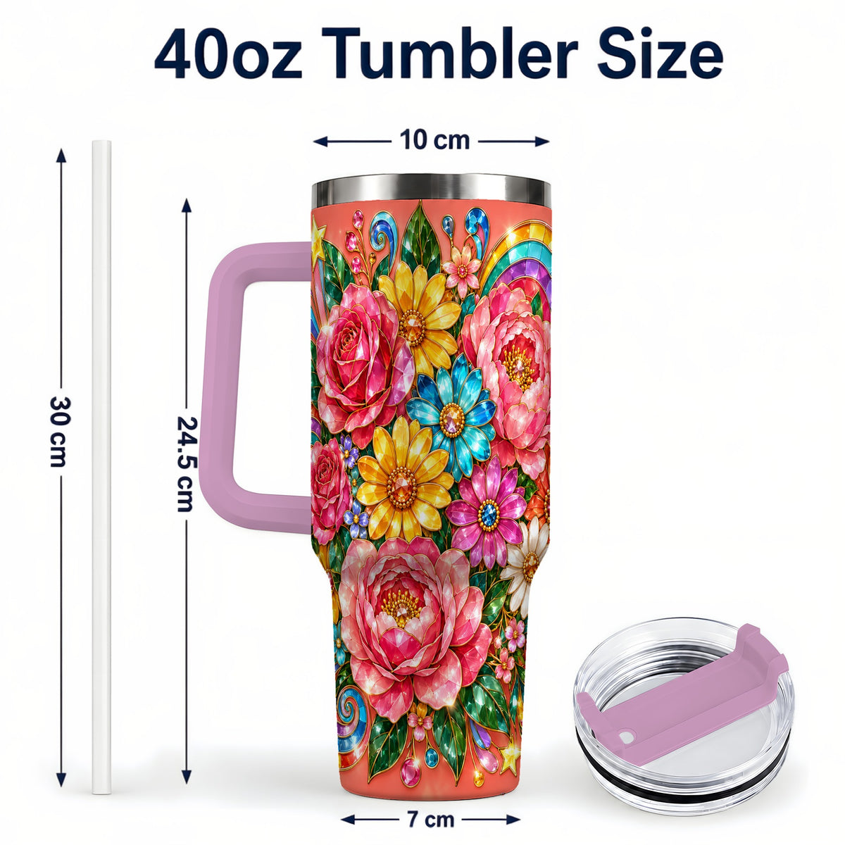 #pl[40oz|Pink] Gemstone Floral 40oz Tumbler with Handle, Pink Peony Garden Art
