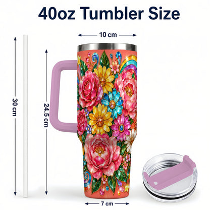 #pl[40oz|Pink] Gemstone Floral 40oz Tumbler with Handle, Pink Peony Garden Art