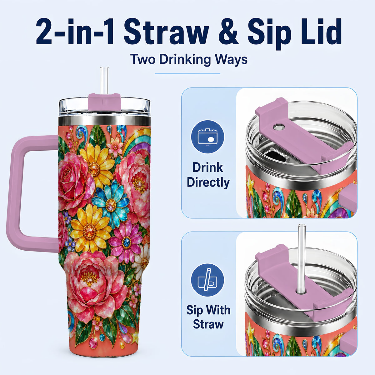 #pl[40oz|Pink] Gemstone Floral 40oz Tumbler with Handle, Pink Peony Garden Art