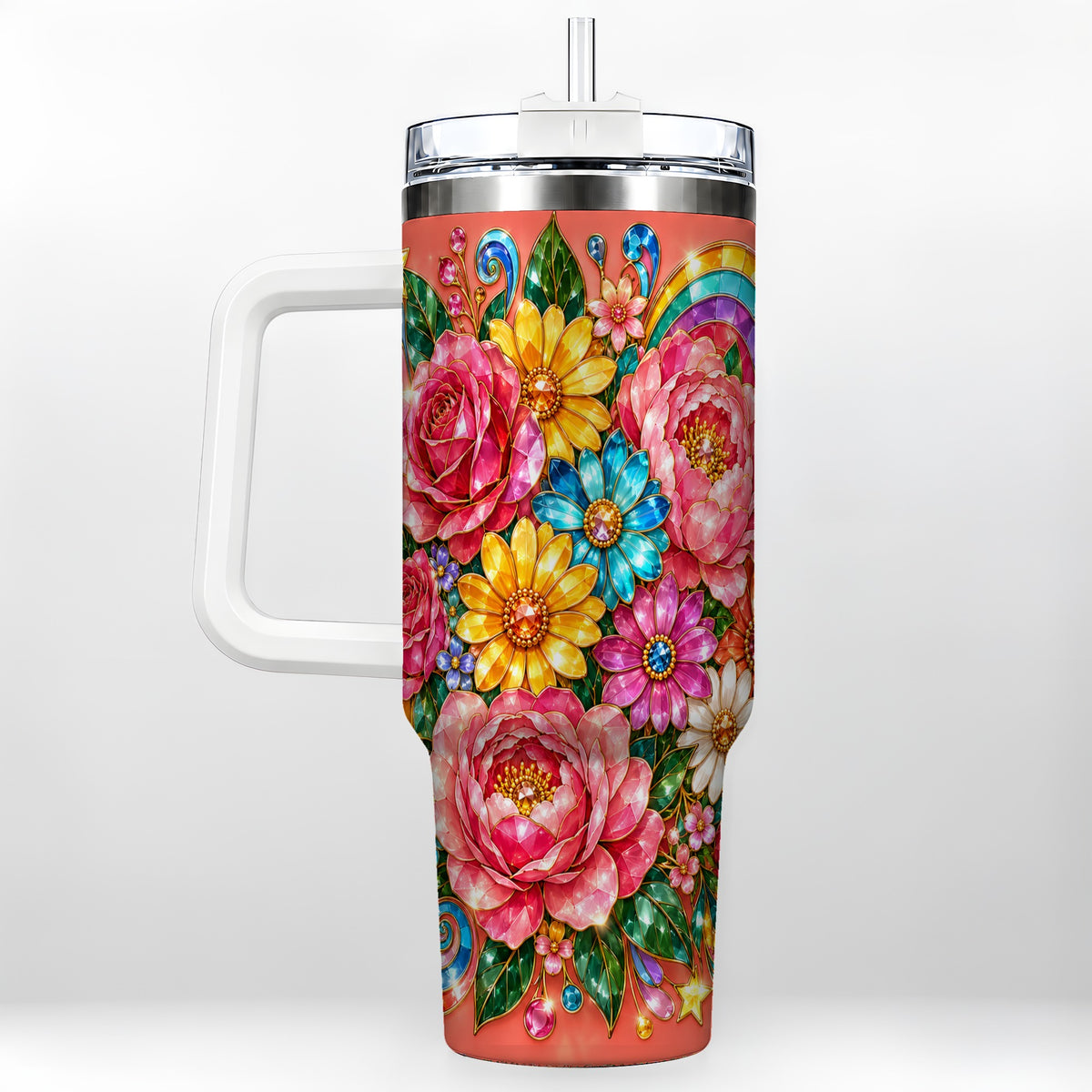 Gemstone Floral 40oz Tumbler with Handle, Pink Peony Garden Art
