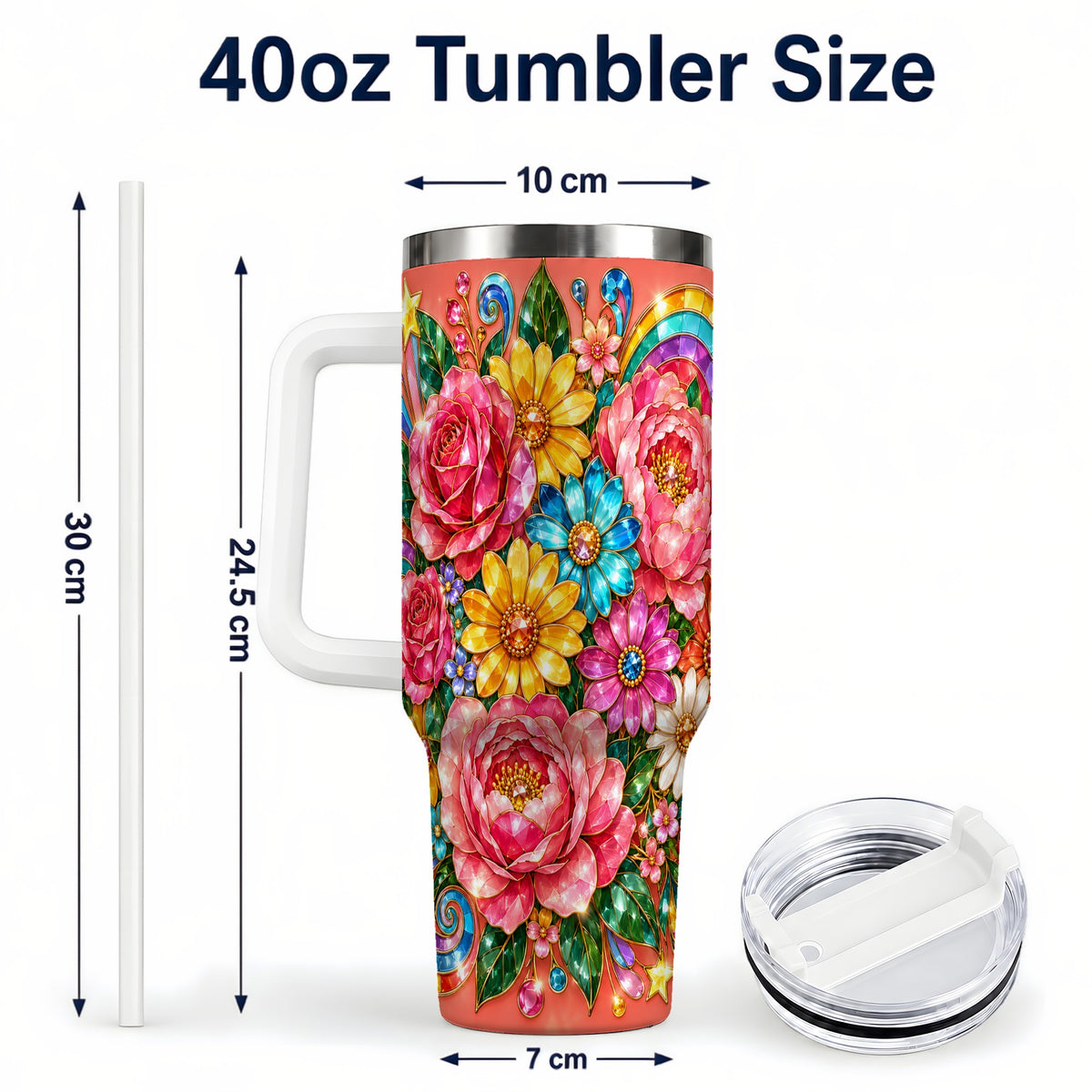 #pl[40oz|White] Gemstone Floral 40oz Tumbler with Handle, Pink Peony Garden Art