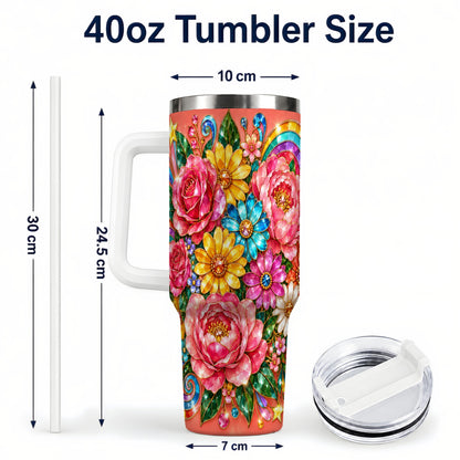 #pl[40oz|White] Gemstone Floral 40oz Tumbler with Handle, Pink Peony Garden Art