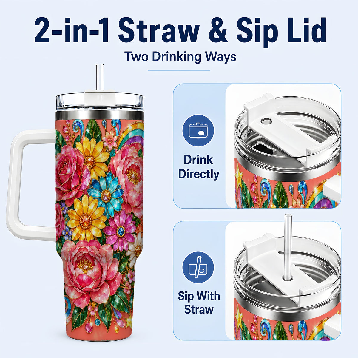 #pl[40oz|White] Gemstone Floral 40oz Tumbler with Handle, Pink Peony Garden Art