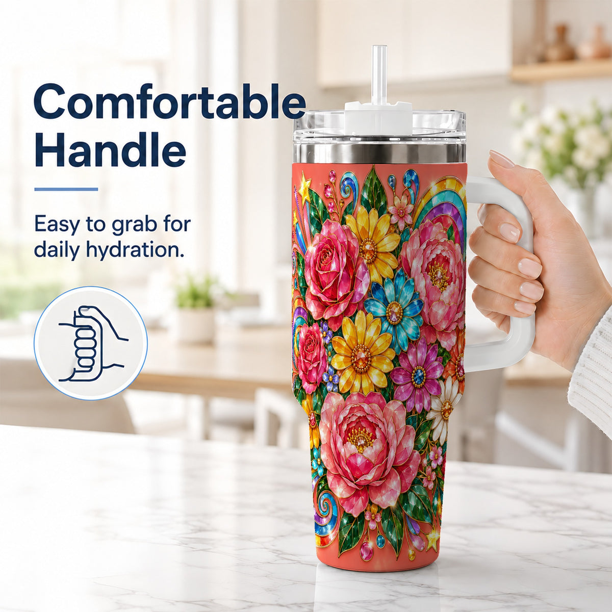 #pl[40oz|White] Gemstone Floral 40oz Tumbler with Handle, Pink Peony Garden Art