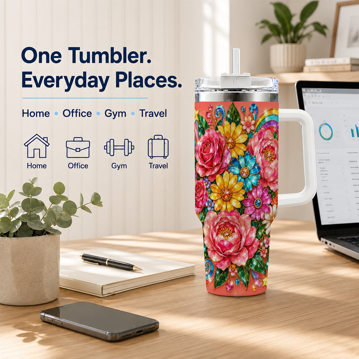 Gemstone Floral 40oz Tumbler with Handle, Pink Peony Garden Art