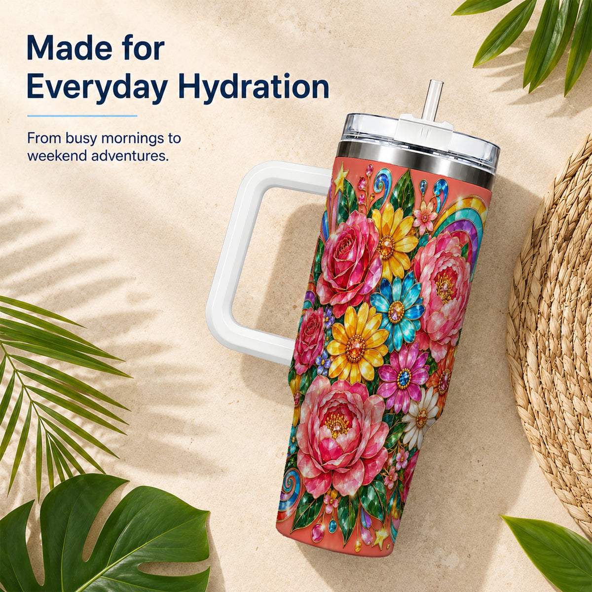 Gemstone Floral 40oz Tumbler with Handle, Pink Peony Garden Art