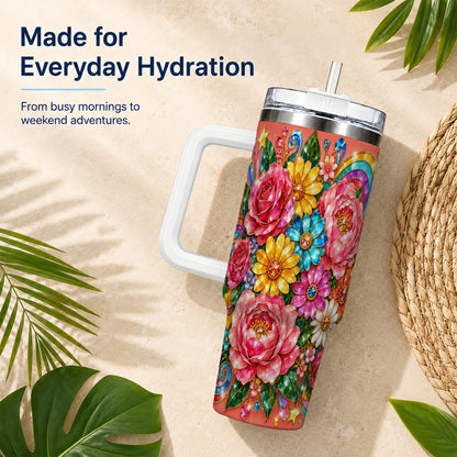 Gemstone Floral 40oz Tumbler with Handle, Pink Peony Garden Art