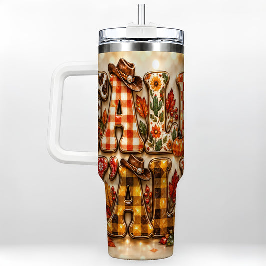 Western Autumn 40oz Tumbler with Handle, Cowboy Pumpkin Lettering