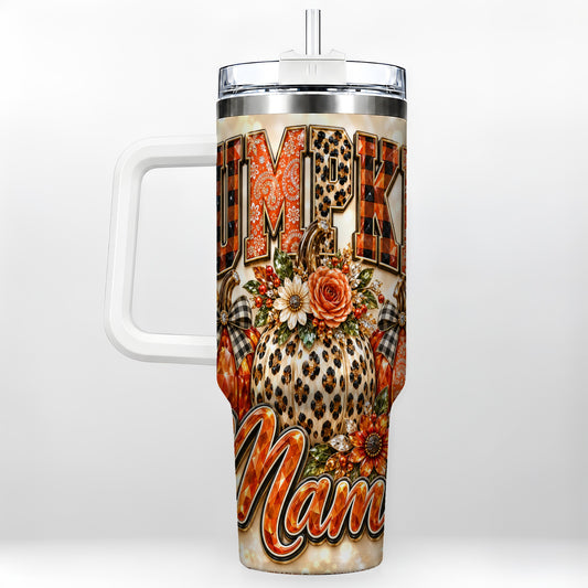 Leopard Pumpkin 40oz Tumbler with Handle, Fall Mom Floral Artwork