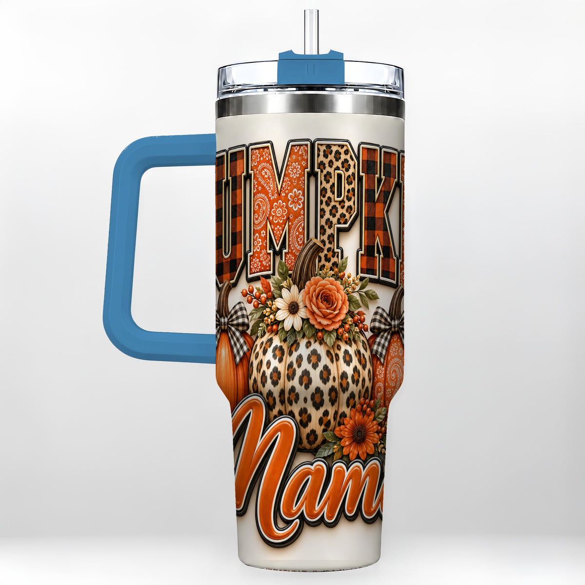 #pl[40oz|Blue] Pumpkin Patch 40oz Tumbler with Handle, Leopard Fall Floral Art