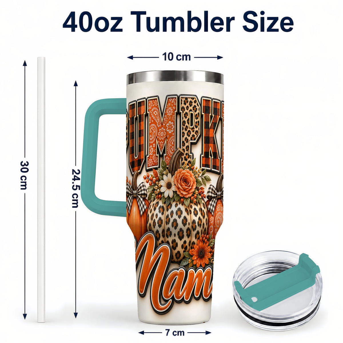 #pl[40oz|Green] Pumpkin Patch 40oz Tumbler with Handle, Leopard Fall Floral Art
