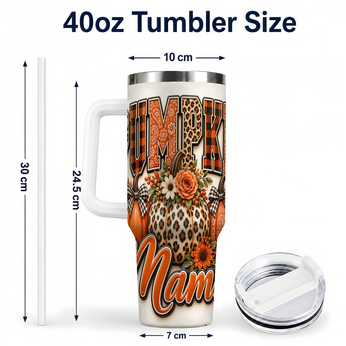#pl[40oz|White] Pumpkin Patch 40oz Tumbler with Handle, Leopard Fall Floral Art