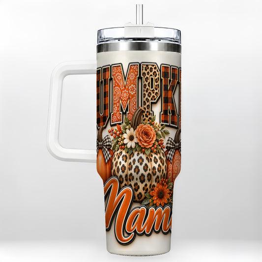 Pumpkin Patch 40oz Tumbler with Handle, Leopard Fall Floral Art