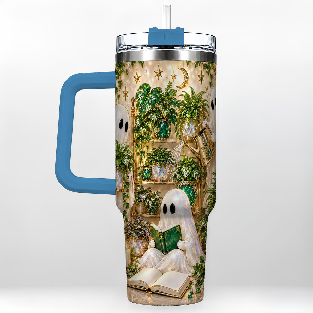 #pl[40oz|Blue] Ghost Plant Lover 40oz Tumbler with Handle, Botanical Halloween Art
