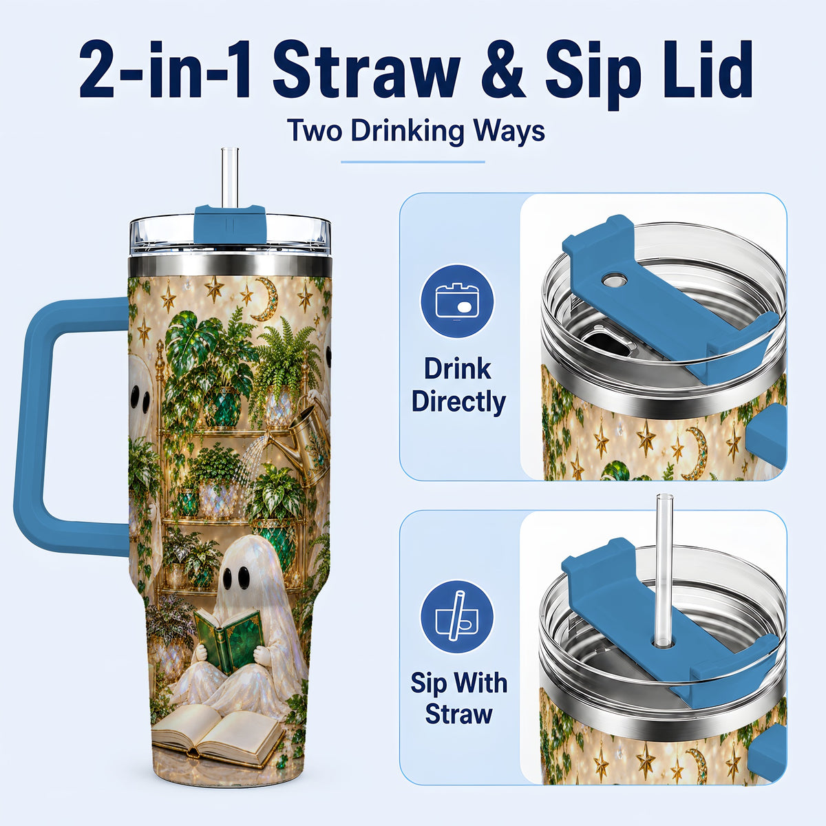 #pl[40oz|Blue] Ghost Plant Lover 40oz Tumbler with Handle, Botanical Halloween Art