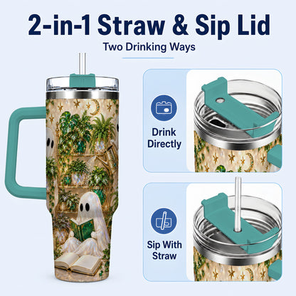 #pl[40oz|Green] Ghost Plant Lover 40oz Tumbler with Handle, Botanical Halloween Art