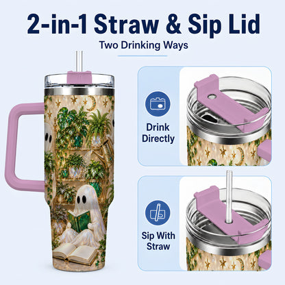 #pl[40oz|Pink] Ghost Plant Lover 40oz Tumbler with Handle, Botanical Halloween Art