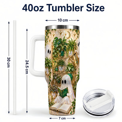 #pl[40oz|White] Ghost Plant Lover 40oz Tumbler with Handle, Botanical Halloween Art
