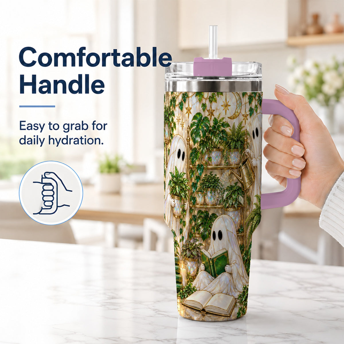 #pl[40oz|Pink] Botanical Ghost 40oz Tumbler with Handle, Halloween Garden Artwork