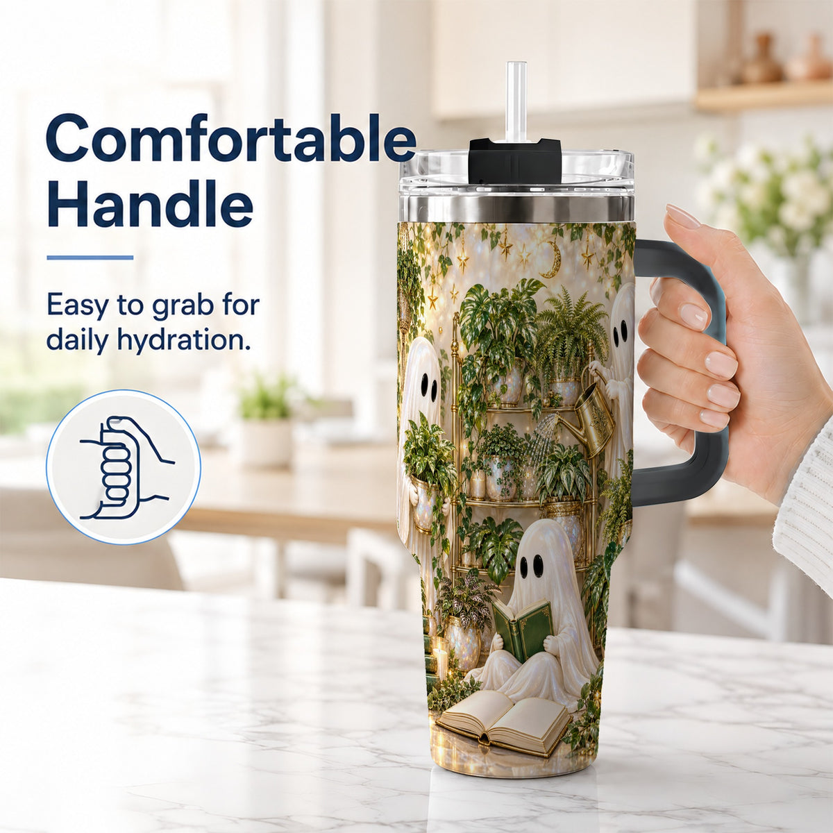 #pl[40oz|Black] Cozy Ghost 40oz Tumbler with Handle, Whimsical Greenhouse Artwork