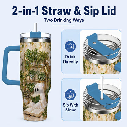 #pl[40oz|Blue] Cozy Ghost 40oz Tumbler with Handle, Whimsical Greenhouse Artwork