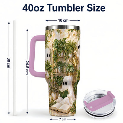#pl[40oz|Pink] Cozy Ghost 40oz Tumbler with Handle, Whimsical Greenhouse Artwork