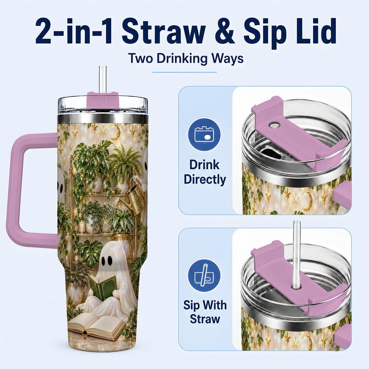 #pl[40oz|Pink] Cozy Ghost 40oz Tumbler with Handle, Whimsical Greenhouse Artwork