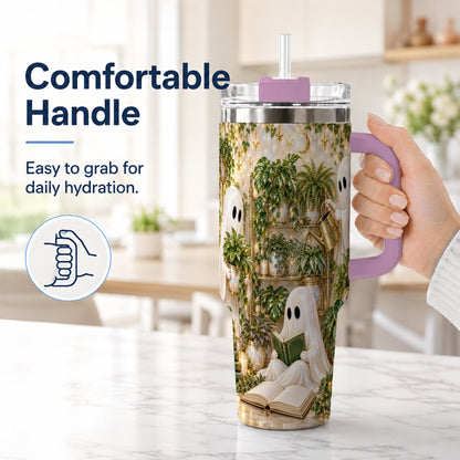 #pl[40oz|Pink] Cozy Ghost 40oz Tumbler with Handle, Whimsical Greenhouse Artwork