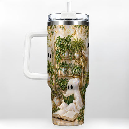 Cozy Ghost 40oz Tumbler with Handle, Whimsical Greenhouse Artwork