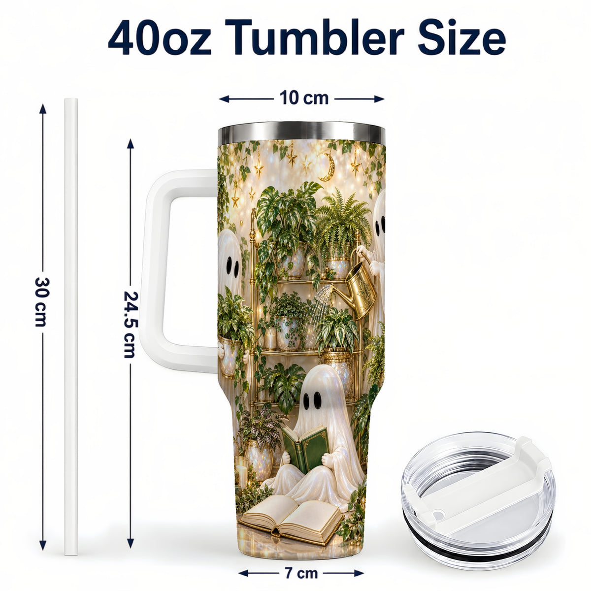 #pl[40oz|White] Cozy Ghost 40oz Tumbler with Handle, Whimsical Greenhouse Artwork