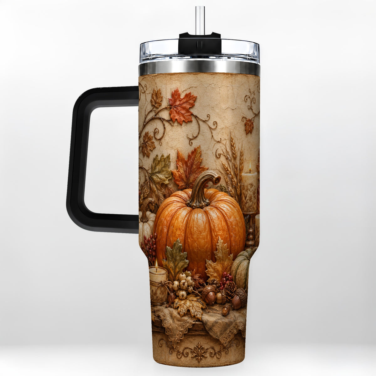 #pl[40oz|Black] Autumn Harvest 40oz Tumbler with Handle, Rustic Pumpkin Artwork