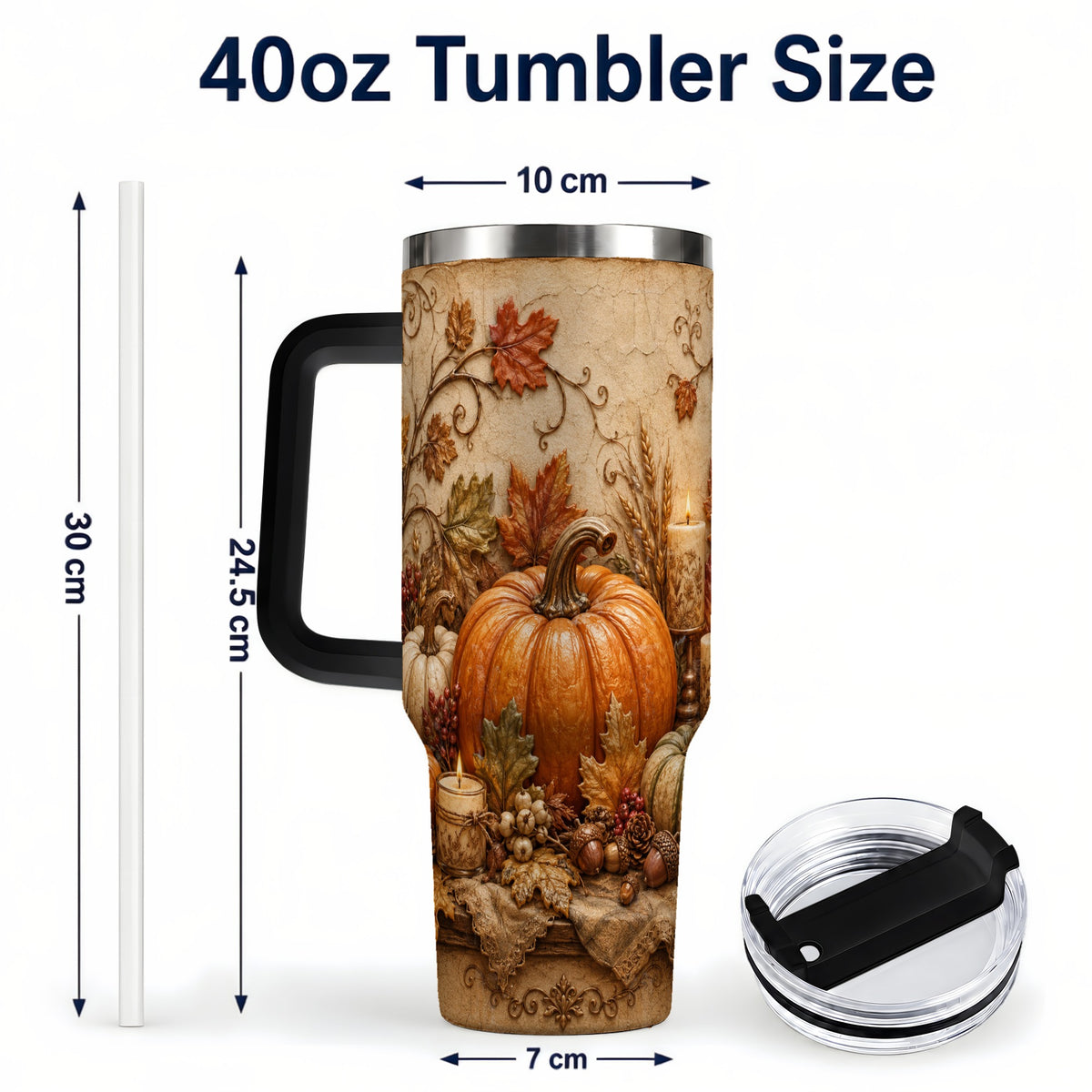 #pl[40oz|Black] Autumn Harvest 40oz Tumbler with Handle, Rustic Pumpkin Artwork