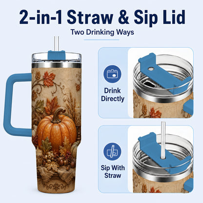 #pl[40oz|Blue] Autumn Harvest 40oz Tumbler with Handle, Rustic Pumpkin Artwork